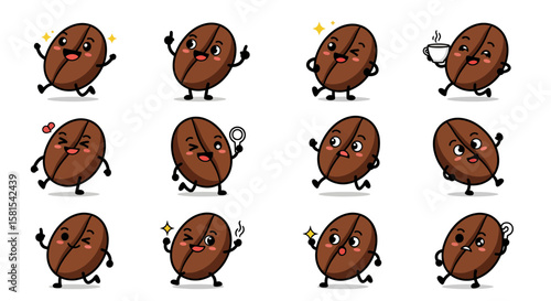 Set of animated coffee bean characters expressing different emotions and actions