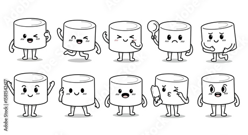 Set of cute cartoon marshmallow characters with various expressions
