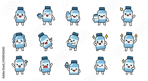 Set of cartoon water bottle characters with various expressions and actions
