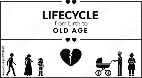Human life stages from birth to old age with hearts life cycle human figures