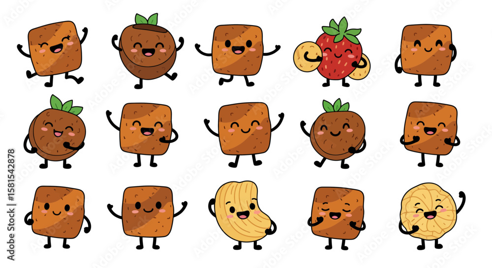 Cute food characters with happy faces and expressive poses for fun design Cute food characters with happy faces and expressive poses for fun design