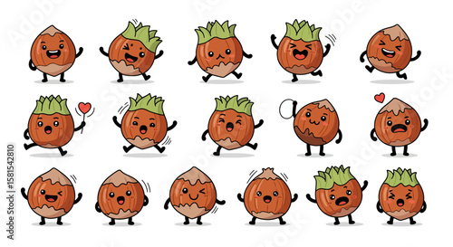 Set of cute cartoon hazelnuts with expressive faces and emotions for animations and branding