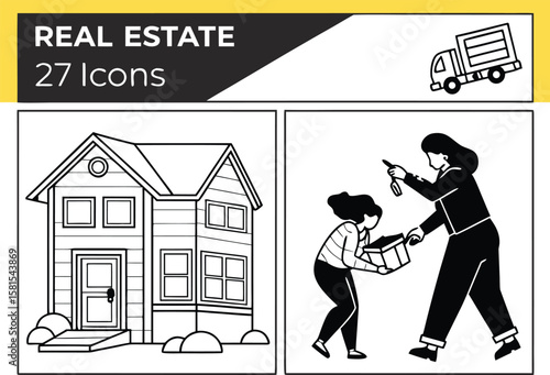 People exchanging keys and box near house and truck real estate home