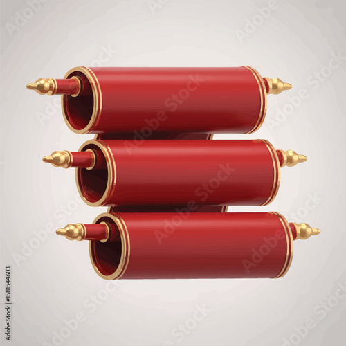 Three stacked red scrolls with ornate gold finials against a light background