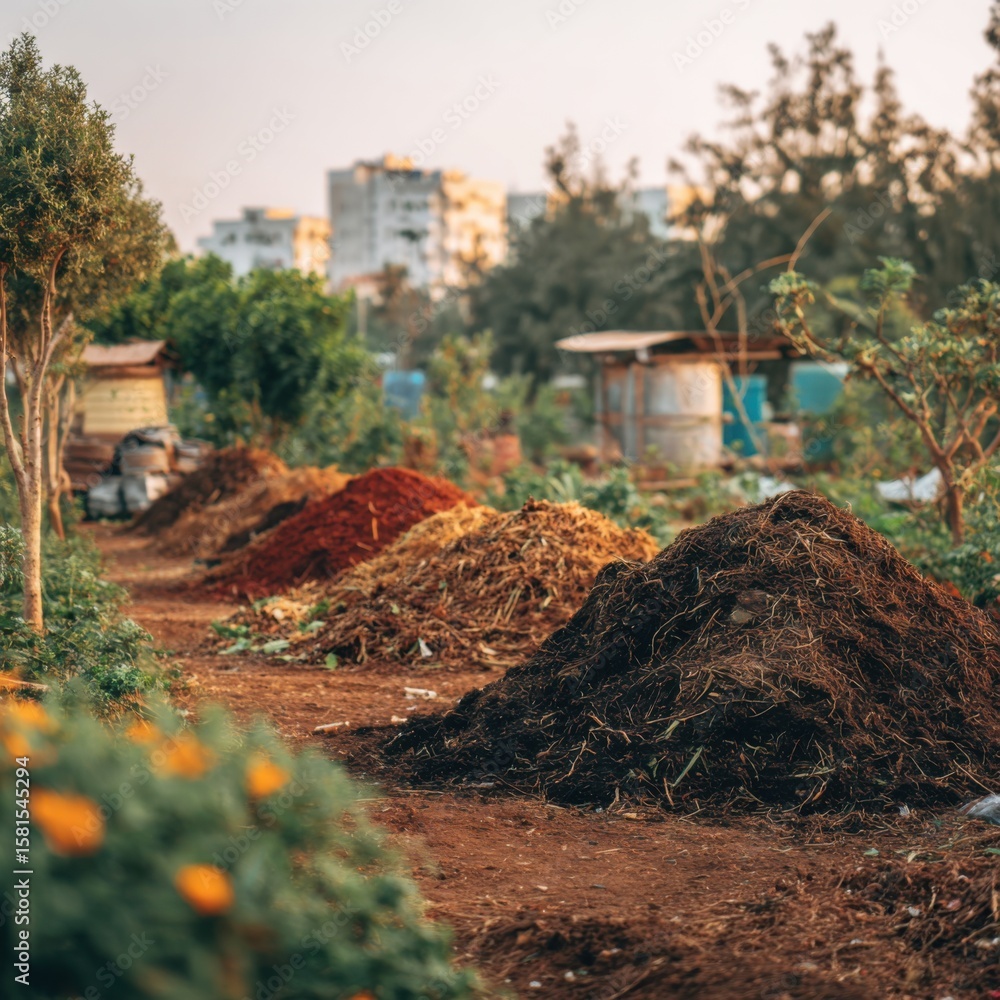 Fototapeta premium Vibrant Community Garden with Compost Pile and Cityscape Background