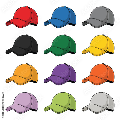 Collection of twelve colorful baseball caps arranged in a grid on a white background