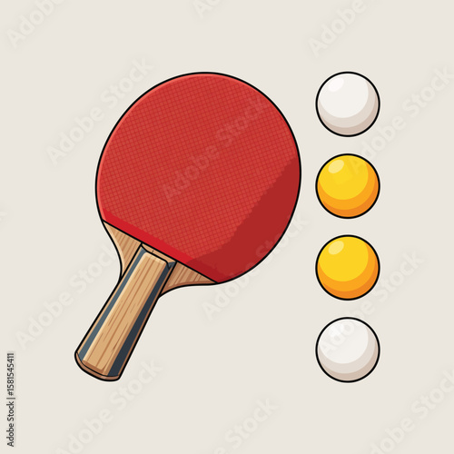 Red ping pong paddle with white and yellow balls on a light background