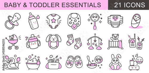 A charming set of 21 outline icons ideal for parenting guides and baby product packaging, featuring essentials like pacifiers, bottles, onesies, strollers, toys, and gentle care items.