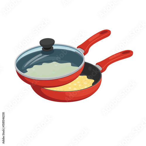 Two red frying pans with food and a glass lid for cooking