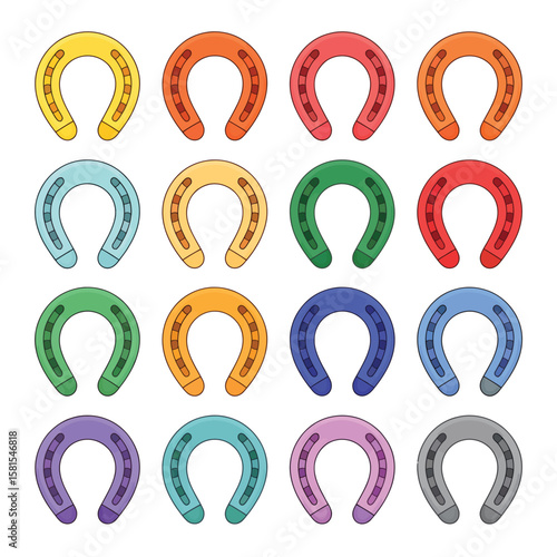 Collection of colorful horseshoe icons arranged in a grid pattern on a white background