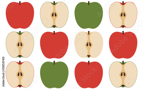 Collection of red and green apples whole and cut in half