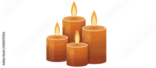 Four warm orange pillar candles with glowing flames burning brightly