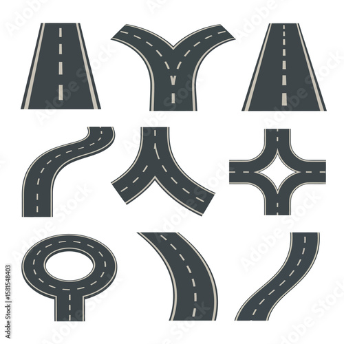 Collection of diverse road intersections and curves with white dashed lines