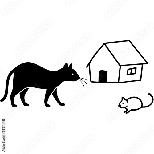 barn cat stalking imaginary mouse on white background