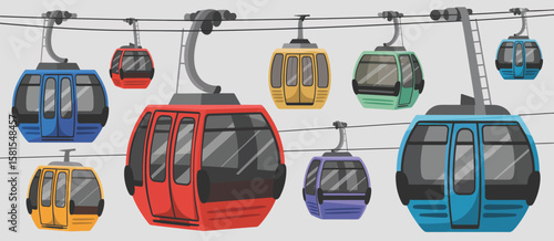 Collection of colorful gondola cable cars moving on overhead wires