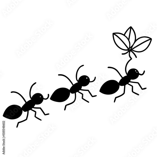 group of tiny ants carrying leaves on white background