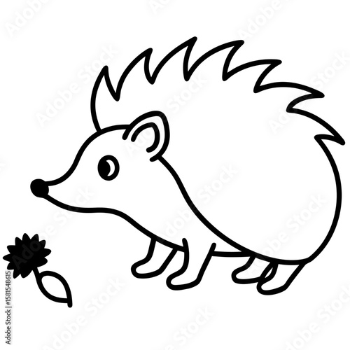 hedgehog sniffing flower on white background