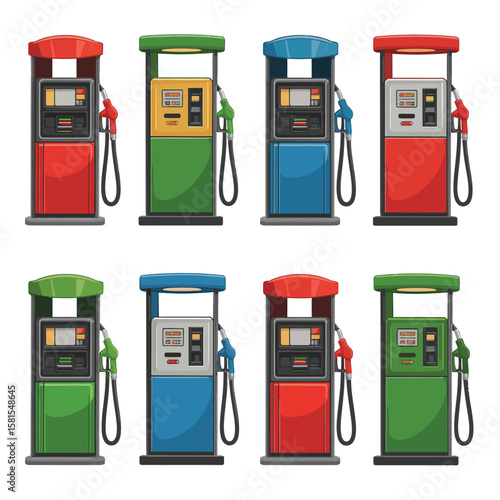 Collection of colorful gas pumps with hoses and nozzles on a white background