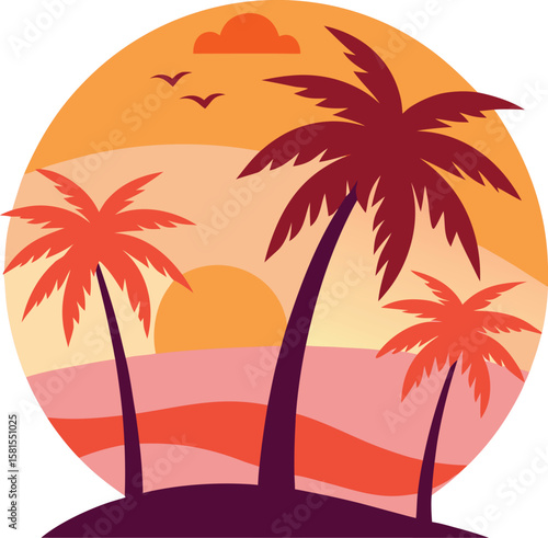 Pink Tropical Sunset with Multiple Palms