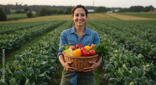 Woman holding a basket full of vegetables stands in a field of crops smiling at the camera outdoors in local agricultural production