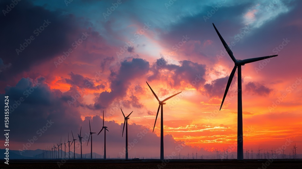 Obraz premium Wind turbines stand tall against a vibrant sunset sky, symbolizing renewable energy and sustainable power generation.