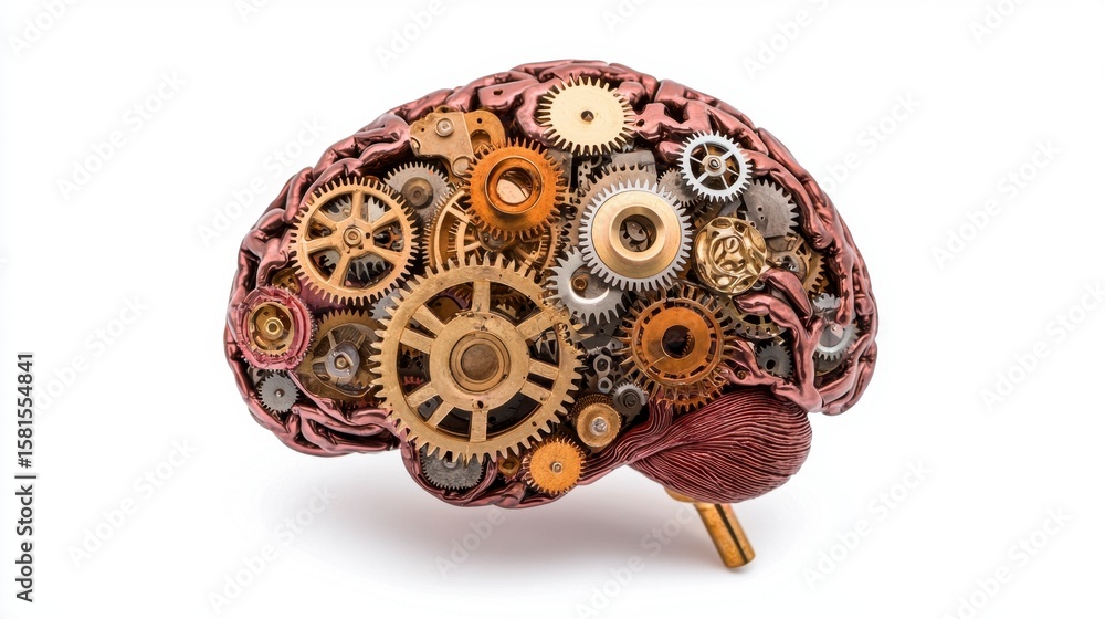 Fototapeta premium Conceptual Gears Brain Metallic Mechanism on White Backdrop Depicting Intellect and Innovation