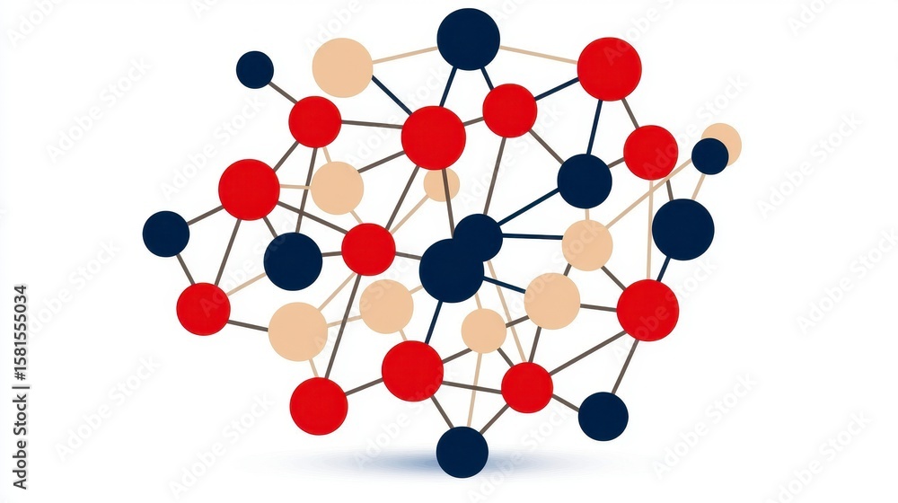Obraz premium Connected Network of Red Navy and Beige Circles on White Background Resembling Brain
