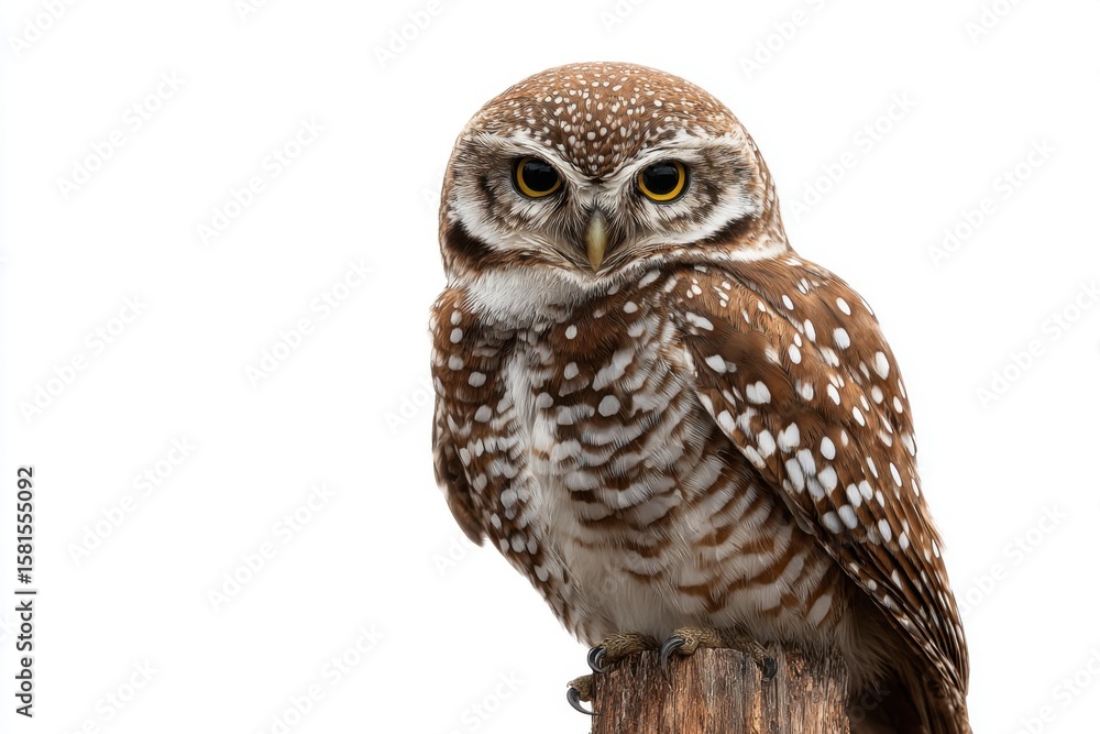 Fototapeta premium Brown owl with striking eyes perched on a wooden post