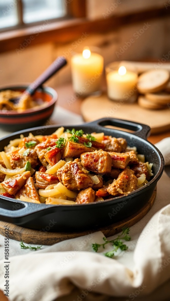 rustic textures pork and sauerkraut hearty dish warm tones comfort food cast iron skillet German food caramelized onions homestyle cooking
rustic textures pork and sauerkraut hearty dish warm tones comfort food cast iron skillet German food caramelized onions homestyle cooking