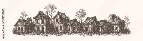 A row of old, abandoned houses with broken roofs and overgrown trees in vintage sketch style.
