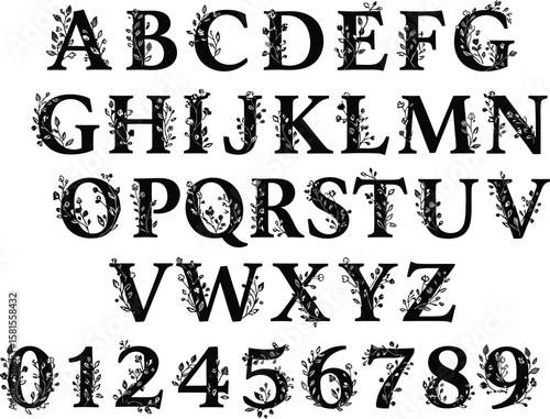 Floral alphabet displays decorative letters and numerals with botanical accents