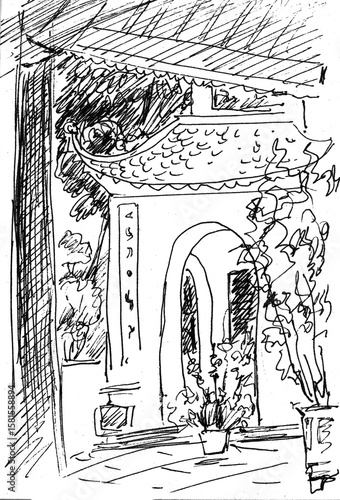 Travel to Vietnam, Hanoi, temple complex, travel sketch