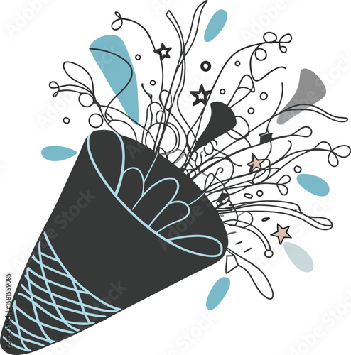 A minimalist illustration of a black party popper cone with decorative light blue curved lines and patterns wrapped around its base.