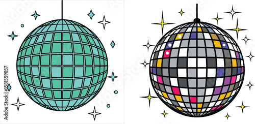 A digital illustration of two disco balls side by side against a white background