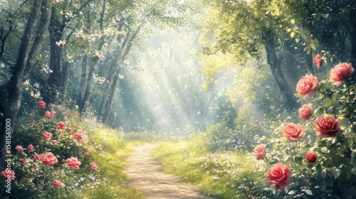 Sunlit path through a rose-filled woodland.