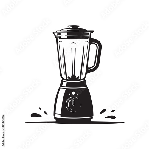 A black and white illustration of a blender with liquid splashing around the base on a white background