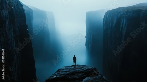 A solitary figure stands atop a craggy precipice overlooking a misty valley.