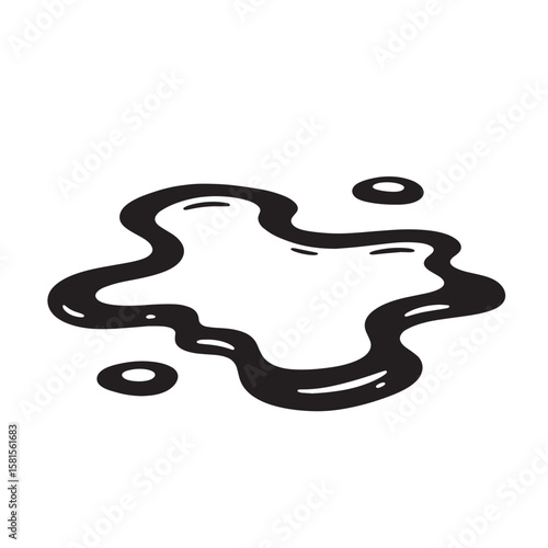 A minimalist black puddle or spill with droplets illustrating liquids on a white background