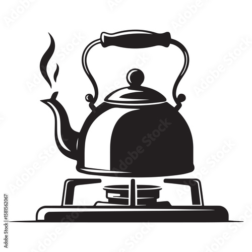 Stylized black and white illustration of a vintage kettle heating on a gas stove with steam
