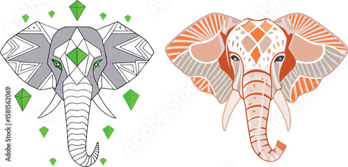 A stylized illustration of two decorative elephant heads side by side