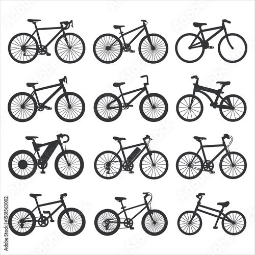 Various bicycles depicted in silhouette cycling transportation