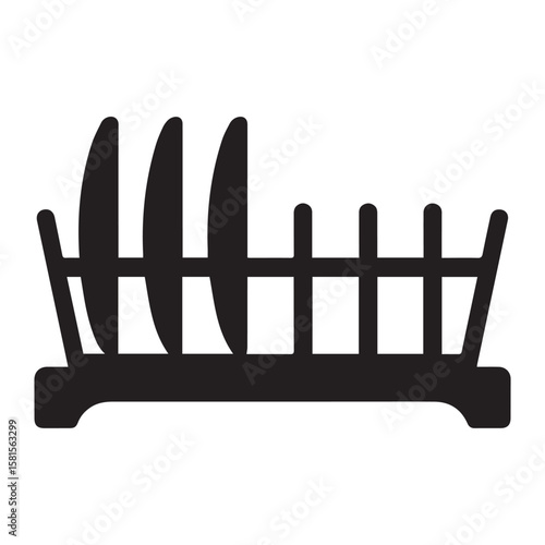 Simple black silhouette of a dish drying rack holding several plates and cutlery on a white background