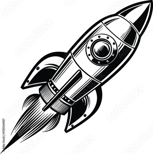 Retro Rocket Launching into Space vector illustration.