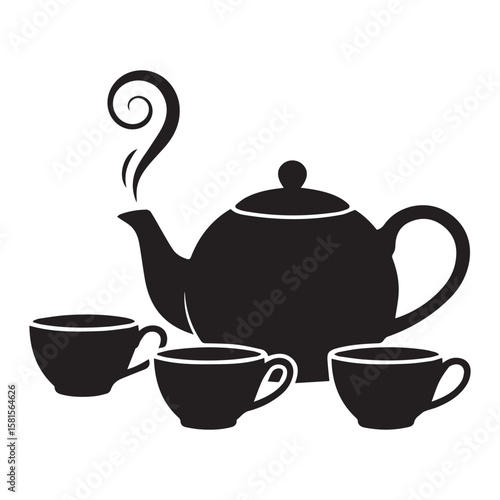 Black silhouette of a teapot with steam and three cups ready for serving hot beverage