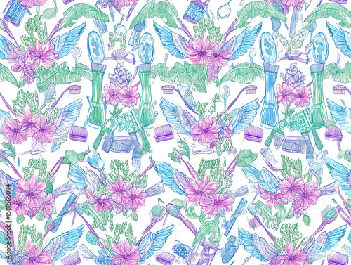 Floral and winged pattern on white background, pastel colors