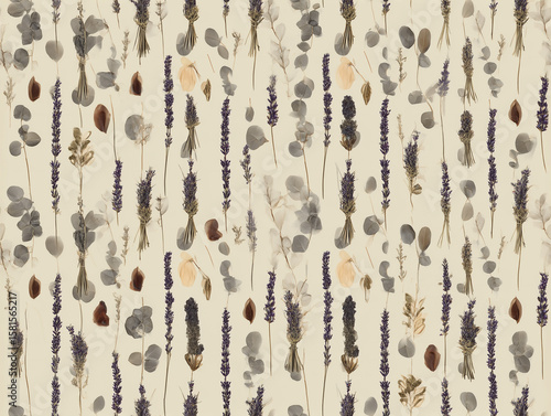 Dried lavender and foliage pattern, beige background, earthy tones