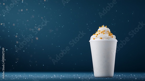 Creamy vanilla milkshake topped with golden sprinkles on a dark background