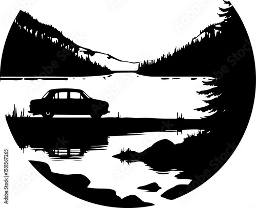 car in the forest, car, truck, vector, icon, transport, vehicle, transportation, illustration, auto, cartoon, road, design, automobile, delivery, sign, silhouette, symbol, trailer, traffic, bus, tract