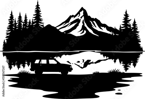 car in the forest, car, truck, vector, icon, transport, vehicle, transportation, illustration, auto, cartoon, road, design, automobile, delivery, sign, silhouette, symbol, trailer, traffic, bus, tract