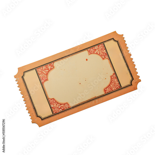 Vintage Orange Ticket Featuring Ornate Floral Border and Perforated Edges Suggesting Age and Use
